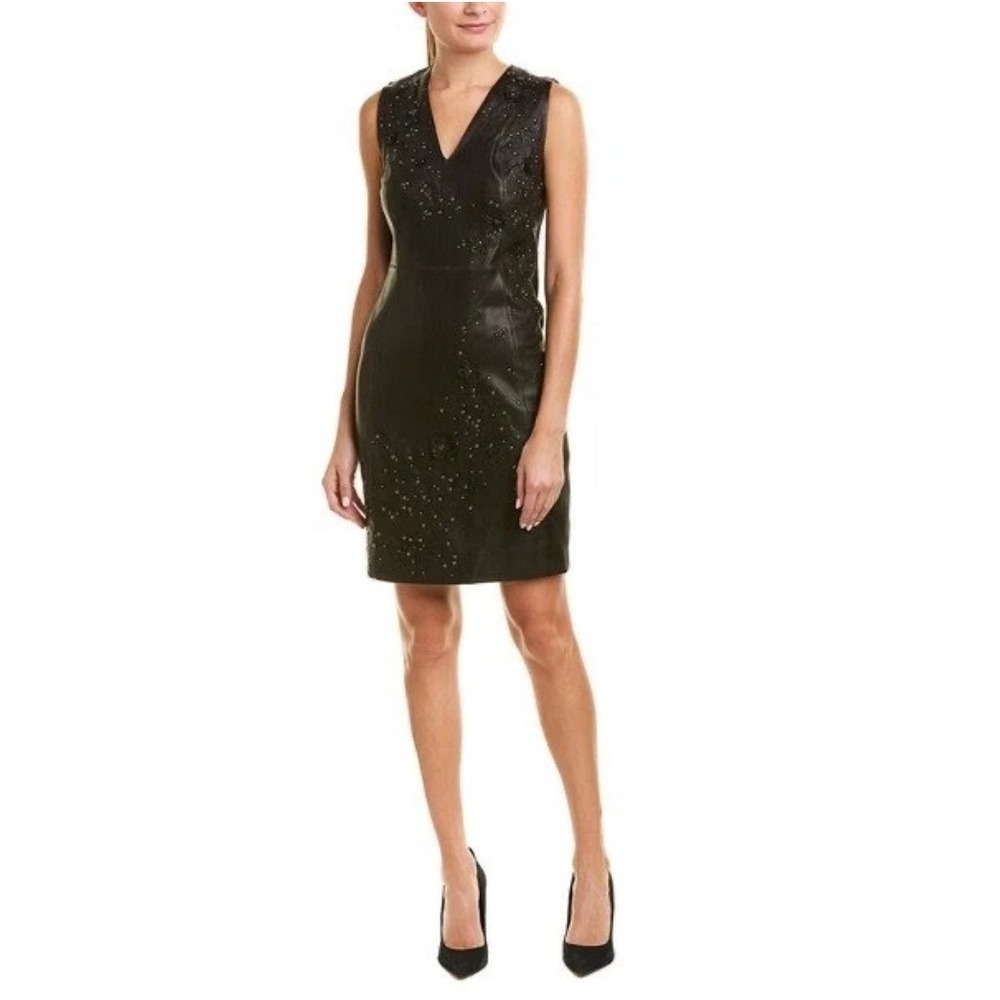 Elie Tahari Roanna Sheath Mini Dress Black‎ Lamb Leather 3D Floral Womens 4